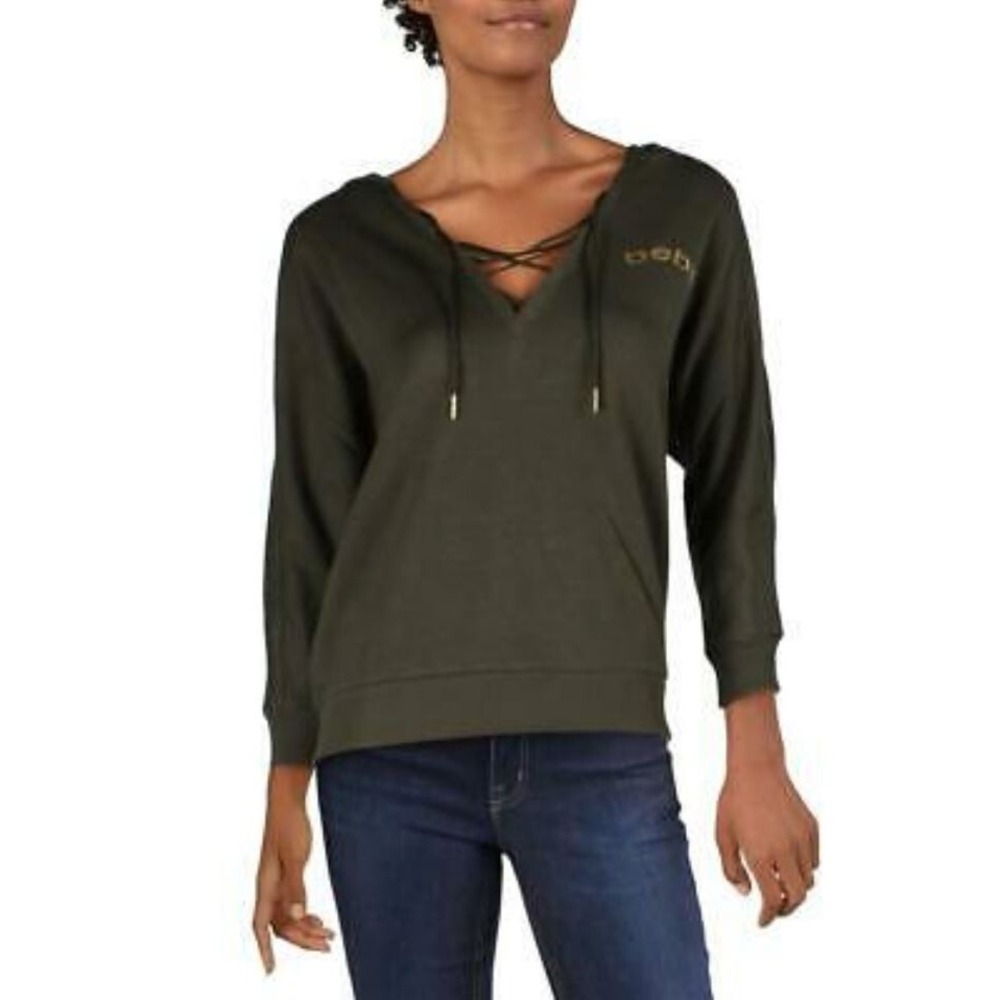 BEBE Sport Women Green Lace Up Hoodie Sweatshirt Medium NWT $89